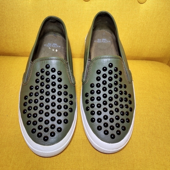 COACH Chrissy Rivets Genuine Leather Olive Sneaker Slip On Sneakers Women's 9.5 - Picture 1 of 8